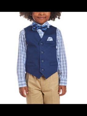 Nautica NWT Boys Navy Vest, Blue Striped Bow Tie, Plaid Button Down Shirt Sz 4
